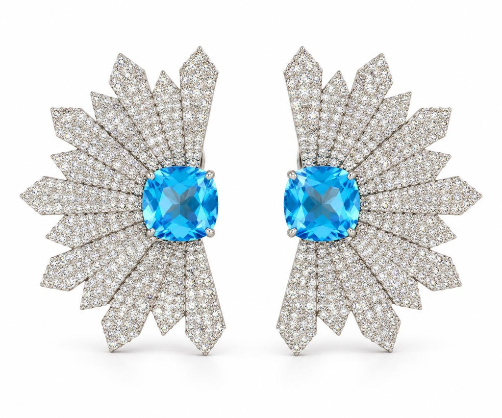 Blue Topaz & Diamond Star Burst Earrings