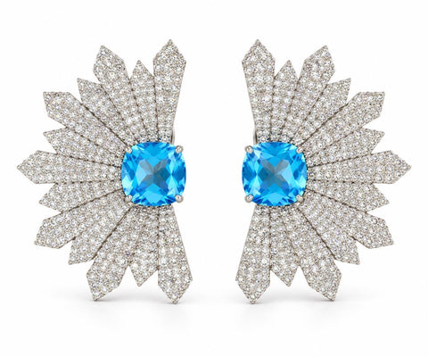 Blue Topaz & Diamond Star Burst Earrings