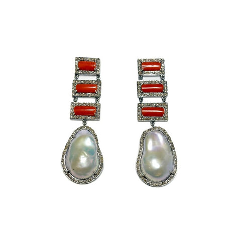 Baroque Pearl Diamond And Mediterranean Coral Earrings