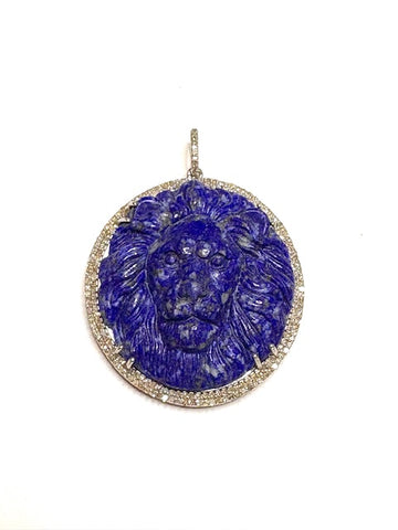Carved Lapis Lazuli Lion Head Pendant Surrounded by Diamonds