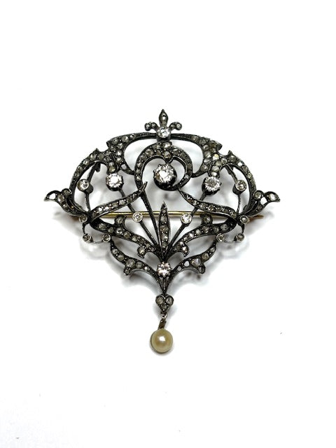 Vintage Diamond And Pearl Brooch
