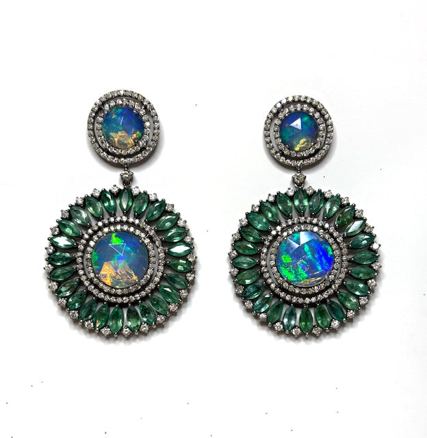 Opal Emerald and Diamond Statement Earrings