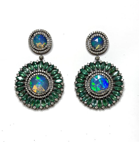 Opal Emerald and Diamond Statement Earrings