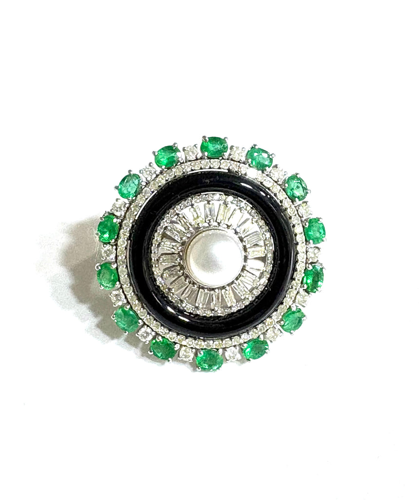 Pearl ,Diamond ,Emerald and Onyx Ring
