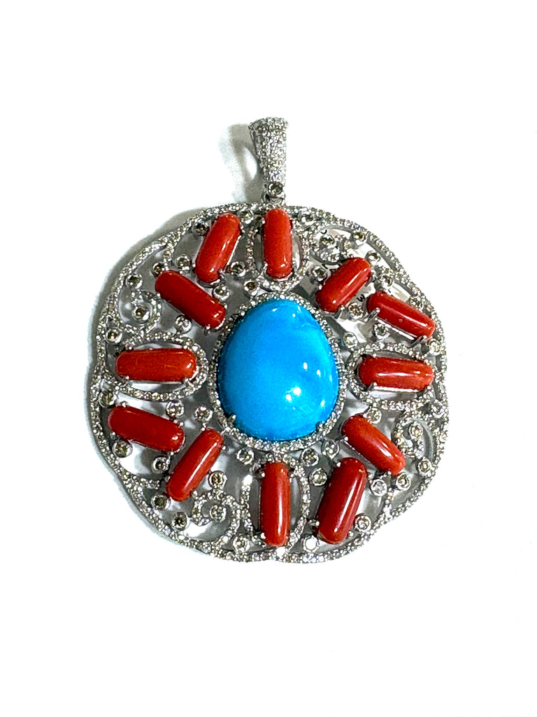 Turquoise coral And Diamond Pendant