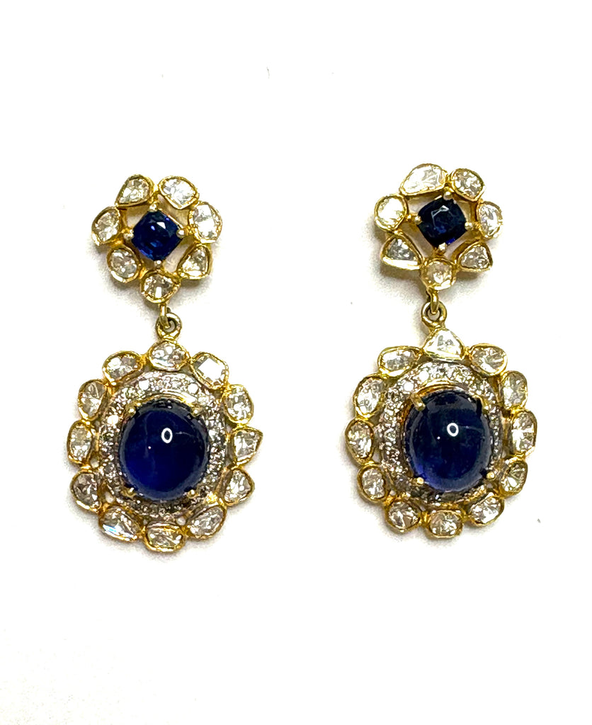 Cabochon Sapphire and Rose Cut Diamond Earrings