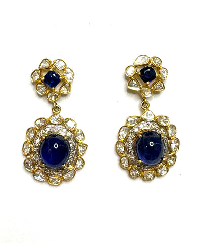 Cabochon Sapphire and Rose Cut Diamond Earrings