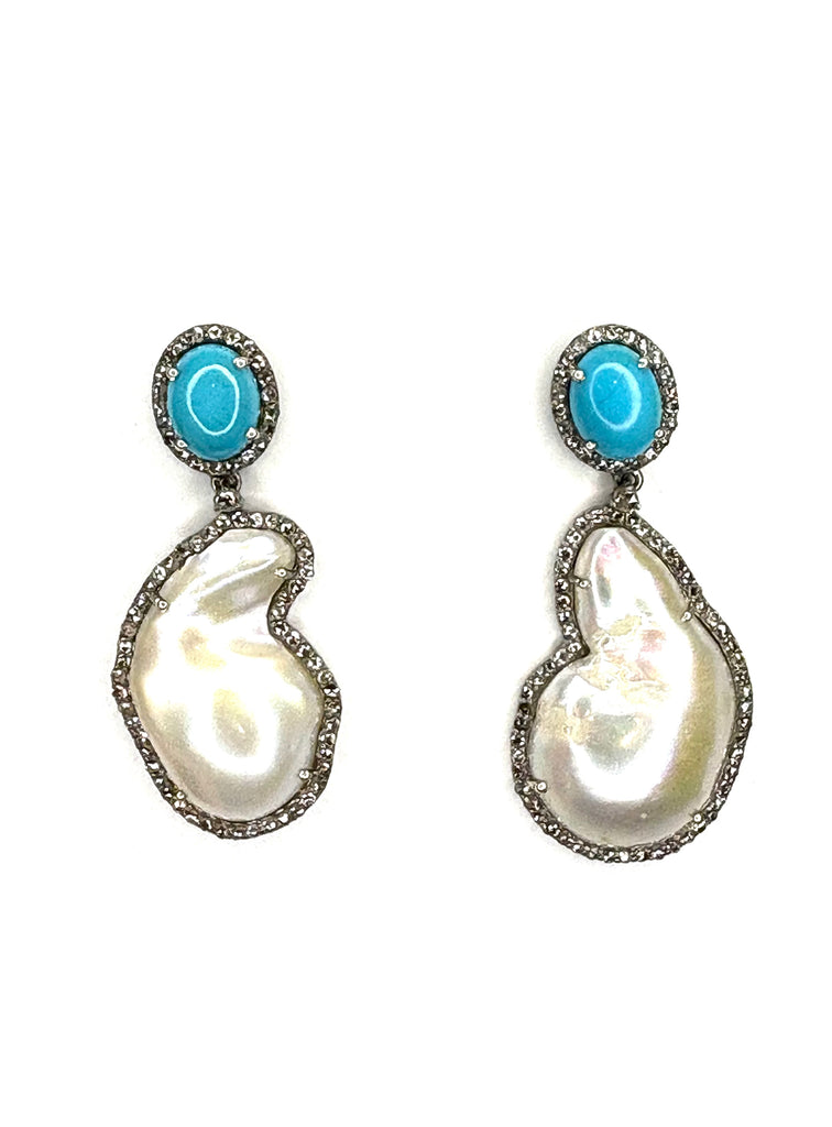 Turquoise baroque pearl and Diamond Earrings