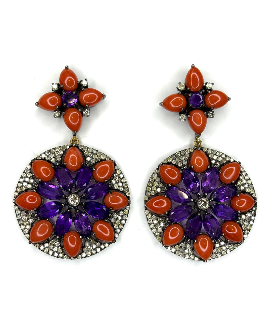 Mediterranean coral Amethyst and Diamond Earrings