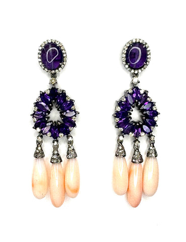 Amethyst diamond and angel Skin Coral drop Earrings