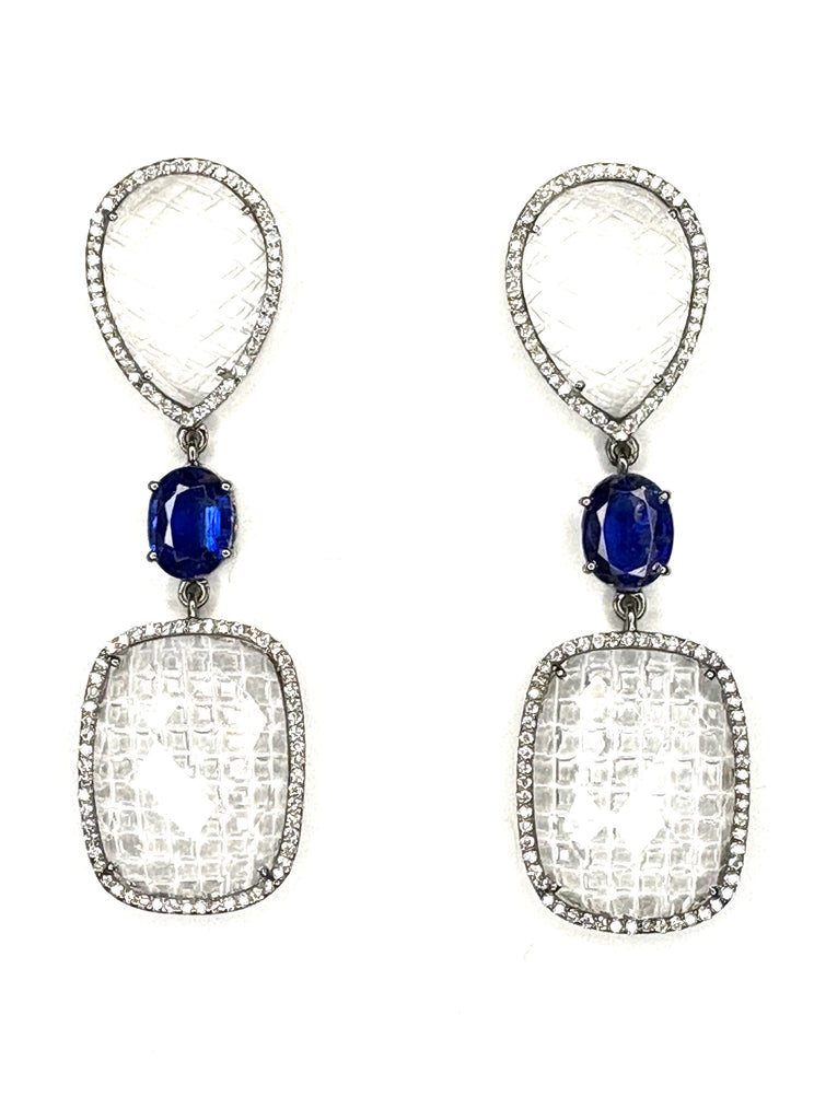 Carved checkerboard crystal diamond and kyanite Earrings