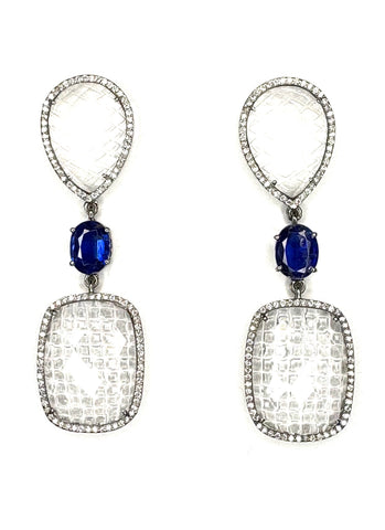 Carved checkerboard crystal diamond and kyanite Earrings