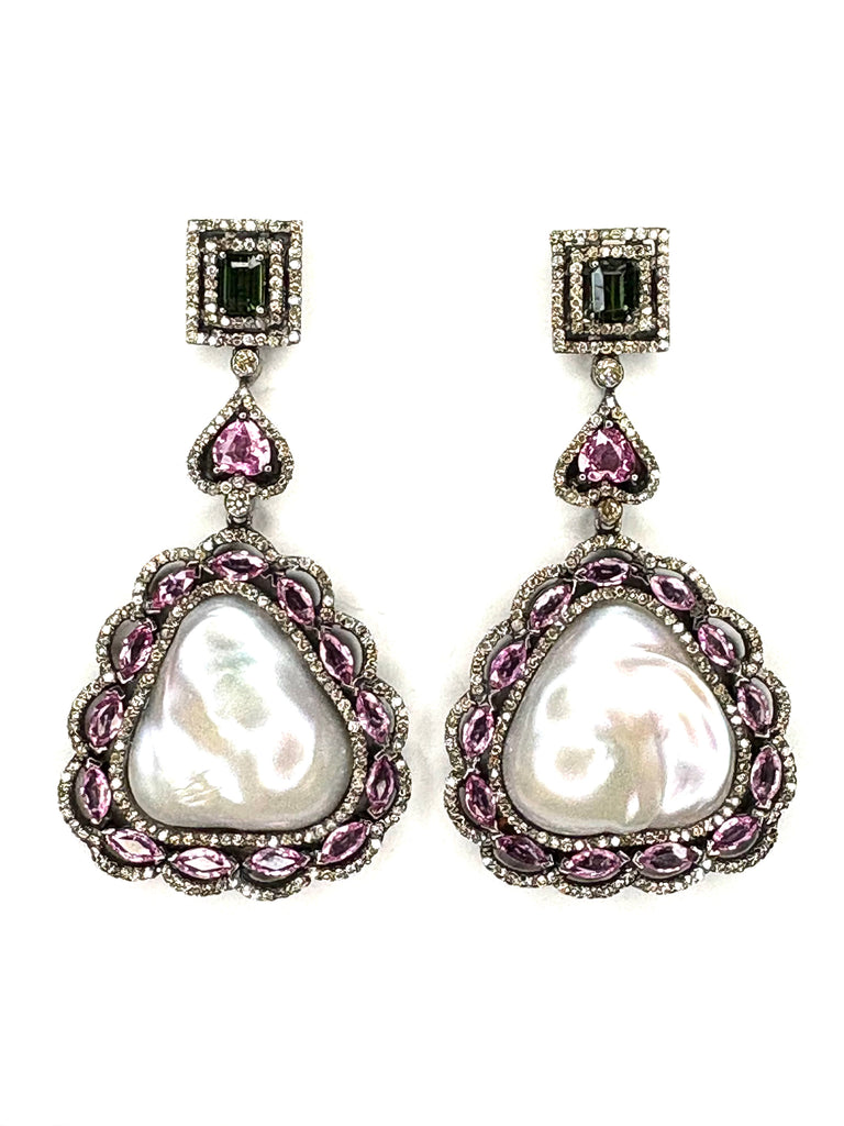 Pink and green Tourmaline diamond and Baroque Pearl Earrings