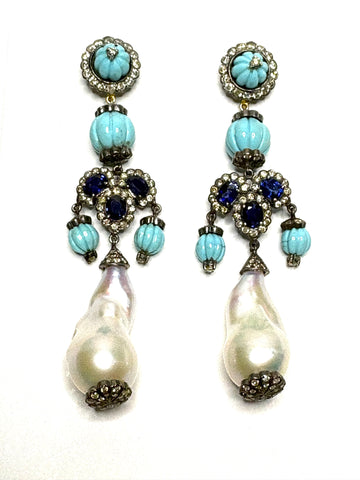 Turquoise Sapphire diamond and baroque pearl statement Earrings