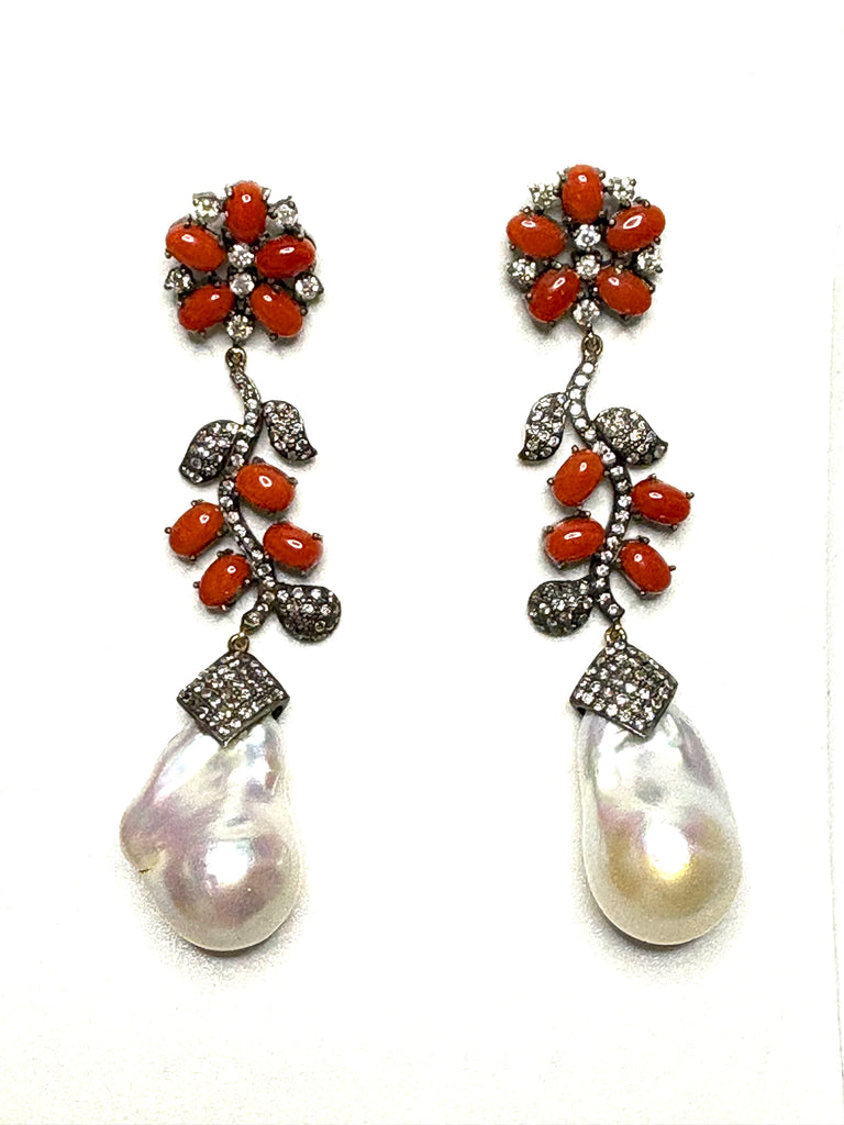 Red Coral diamond and Baroque Pearl Earrings