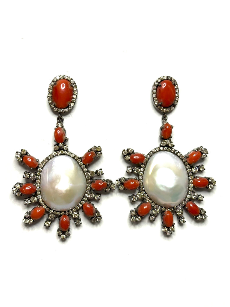 Red Coral diamond and baroque pearl Earrings