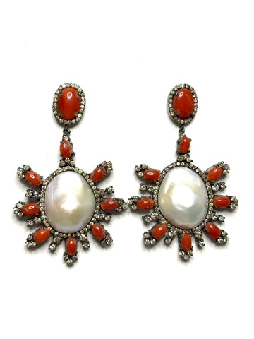 Red Coral diamond and baroque pearl Earrings