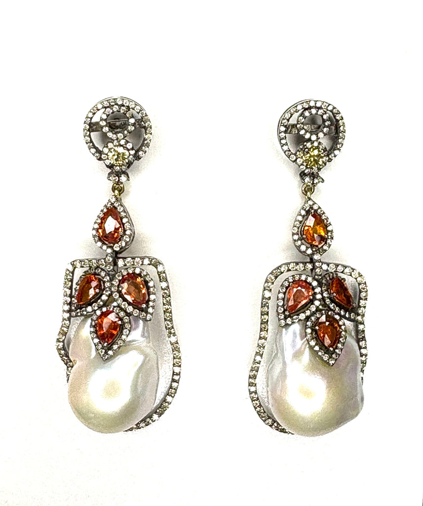 Baroque pearl orange sapphire and diamond Earrings