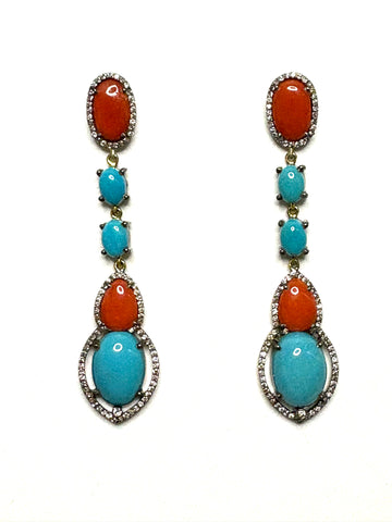 Turquoise Coral and Diamond Earrings