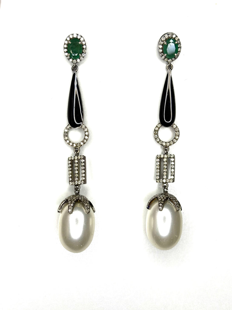 Emerald diamond Pearl and black enamal Earrings