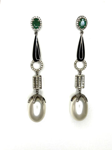 Emerald diamond Pearl and black enamal Earrings