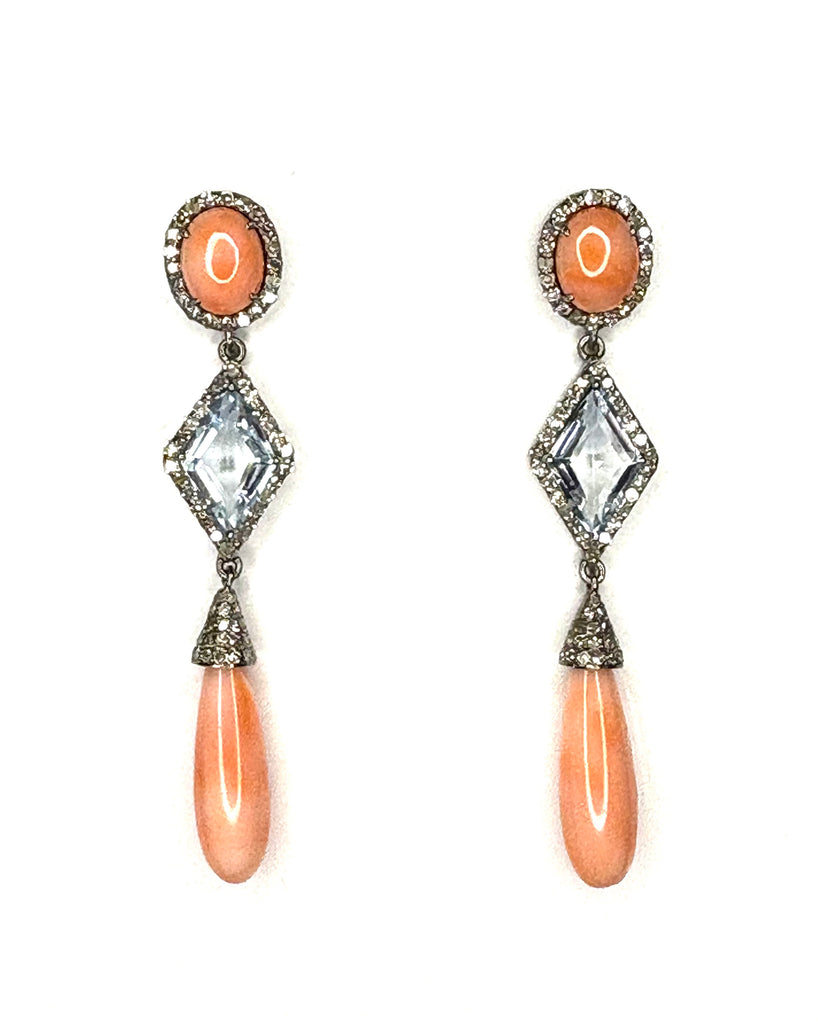 Coral diamond and aquamarine Earrings