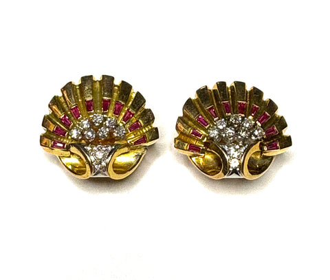 1940s Retro Diamond and Ruby Shell Earrings