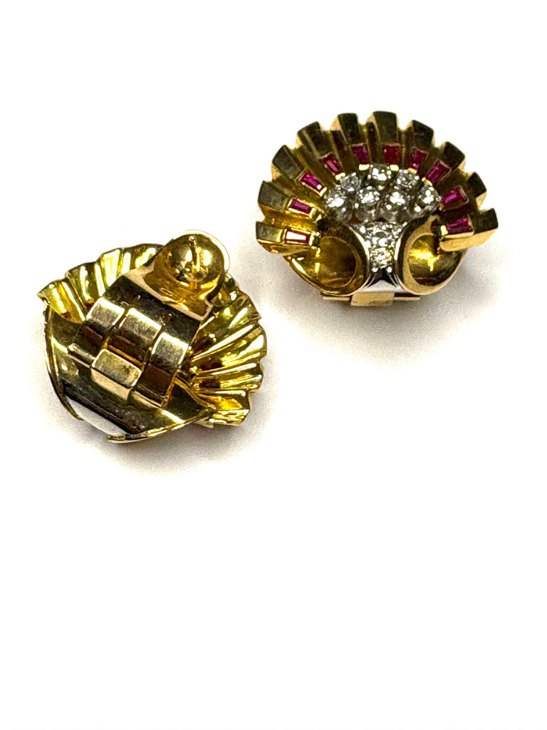1940s Retro Diamond and Ruby Shell Earrings