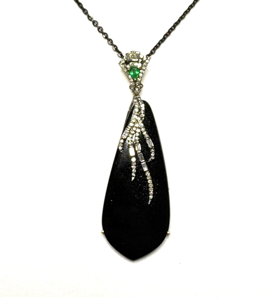 Black onyx diamond and emerald pendant