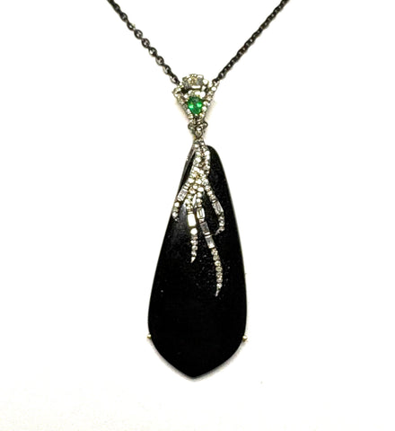 Black onyx diamond and emerald pendant