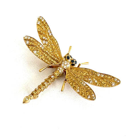Yellow and White diamond Dragonfly brooch with Sapphire head