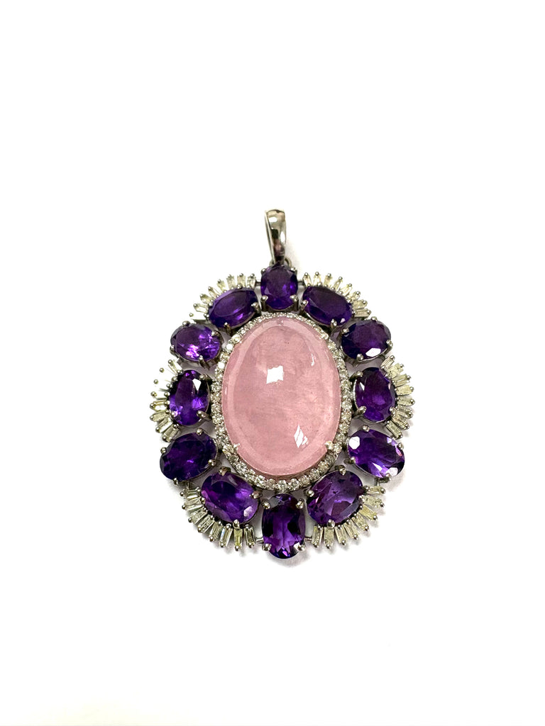 Rose Quartz Amethyst and Diamond Pendant