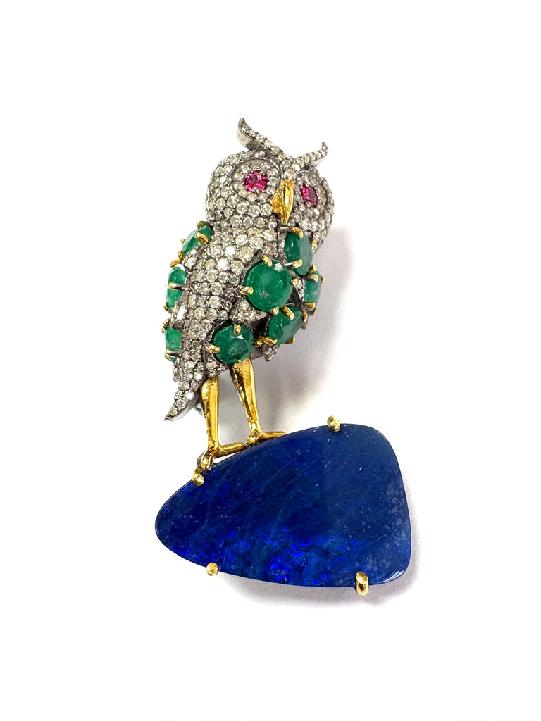Owl on a Rock , Diamond , Emerald Ruby and Lapiz