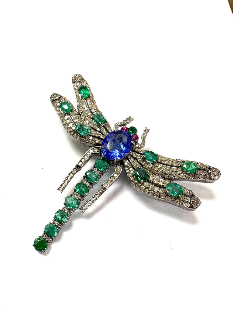 Tanzanite Emerald and Diamond Dragonfly Brooch