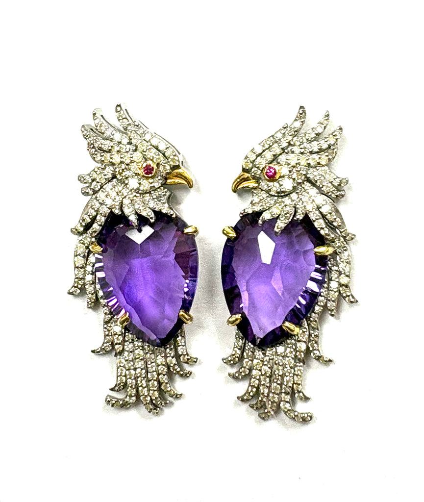 Amethyst and Diamond Bird Earrings