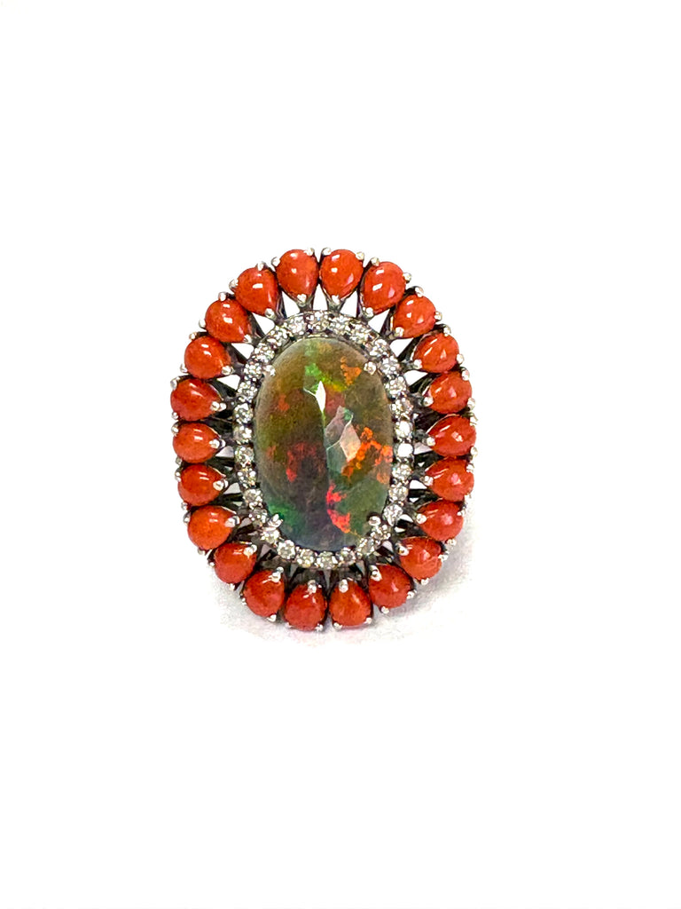 Black opal coral and diamond Ring