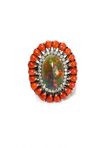 Black opal coral and diamond Ring
