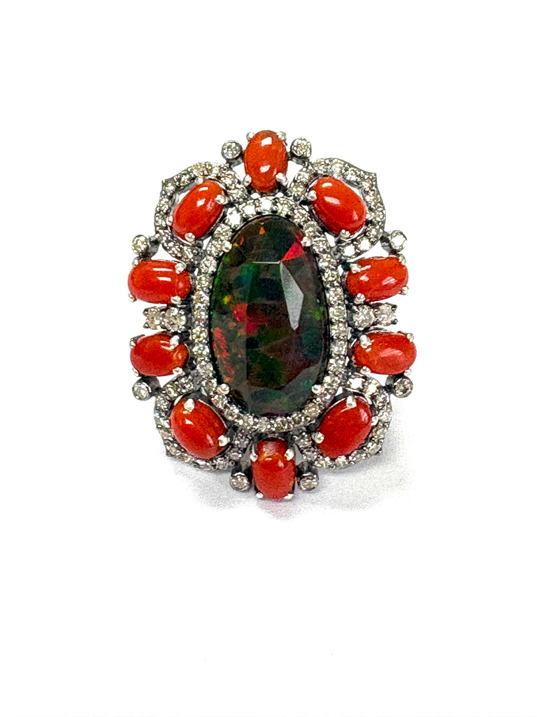 Black opal coral and diamond Ring