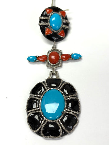 Turquoise coral diamond and black enamal pendant