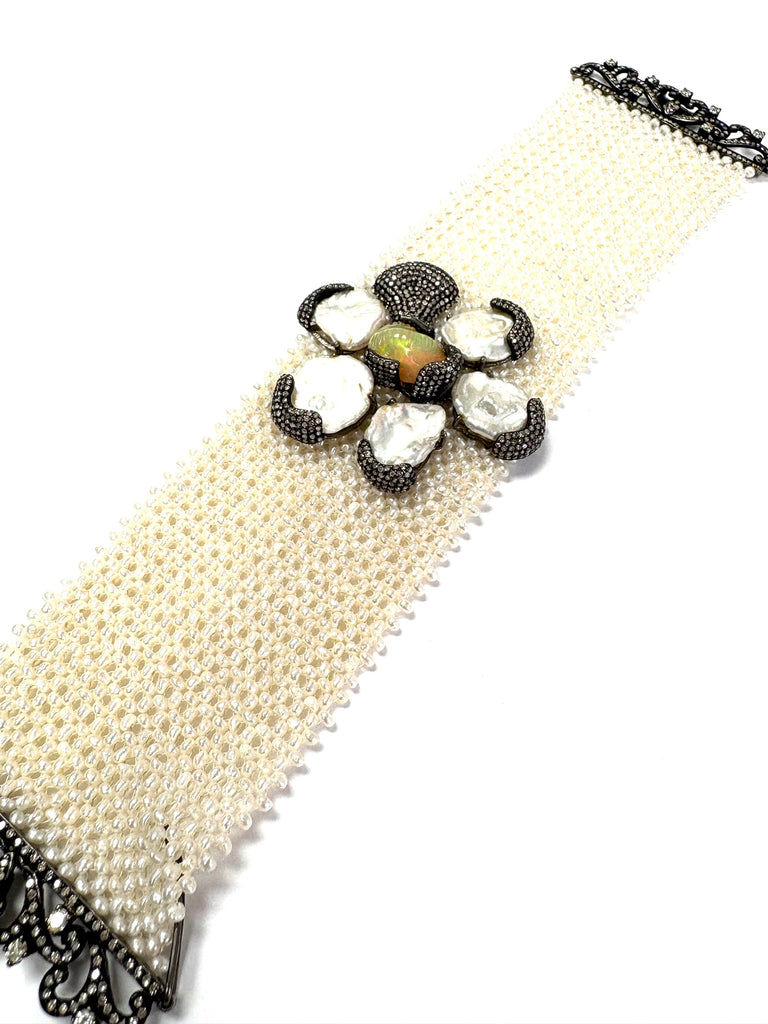 Pearl Diamond and Opal Hand made Bracelet