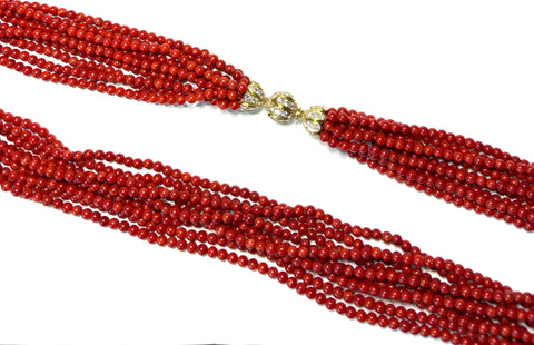 Opera length Red coral necklace with Diamond Clasp
