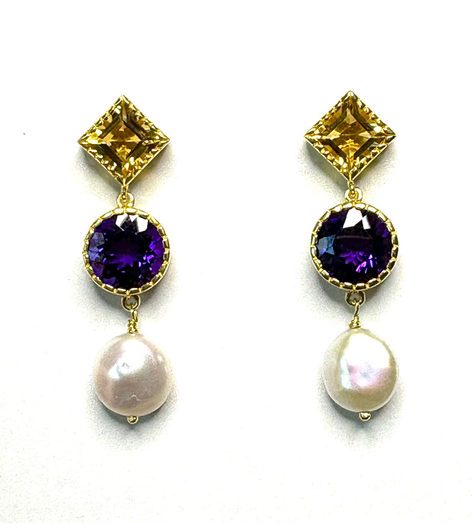 Citrine amethyst  and baroque pearl Earrings