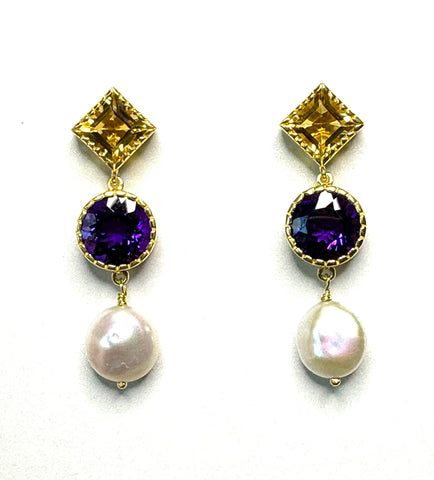 Citrine amethyst  and baroque pearl Earrings