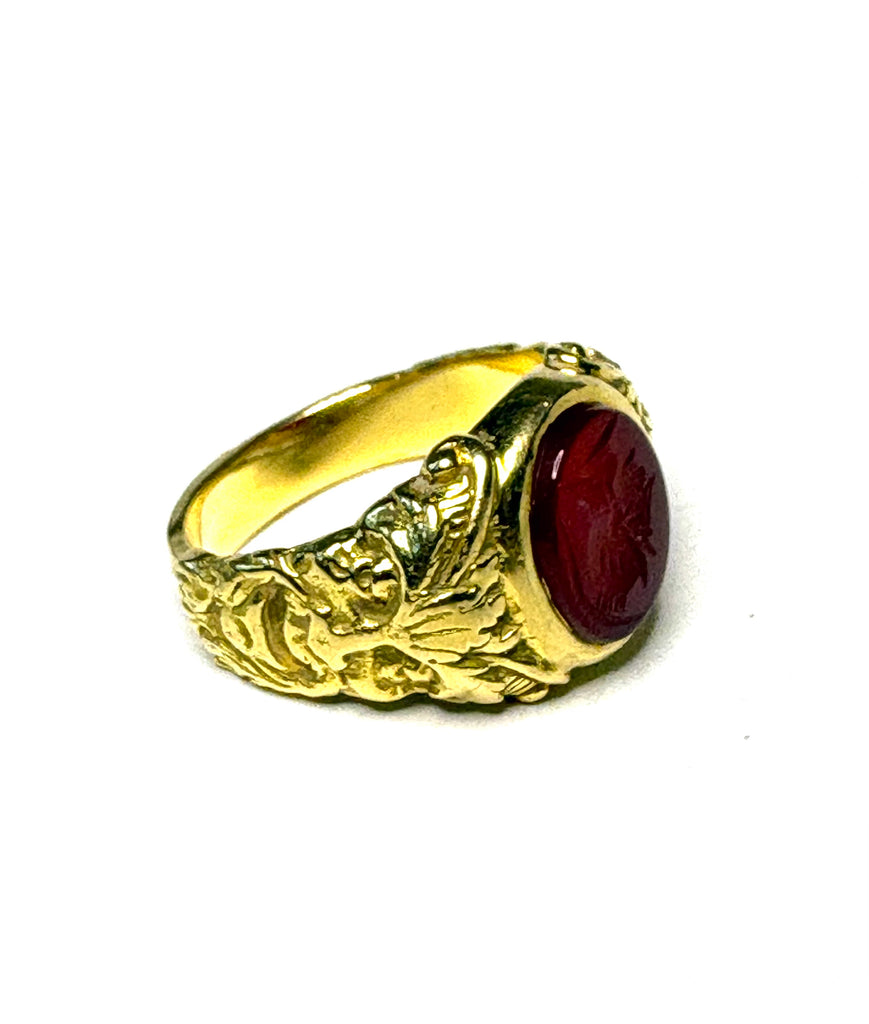 Happy Sad Face Ring with carved carnelian stone