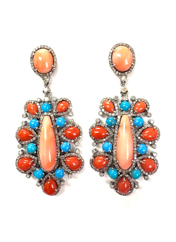 Turquoise Coral & Diamond Earrings