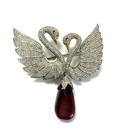 Swan brooch with Diamonds and Tourmaline Drop