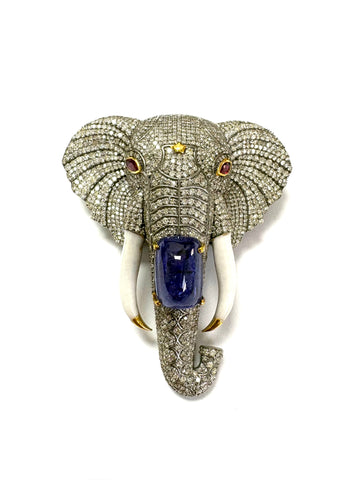 Magnificent Elephant Head , centering on a Cabochon Tanzanite ,Diamonds & Enamel