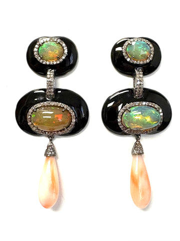 Opal Coral Diamond & Black onyx Earrings