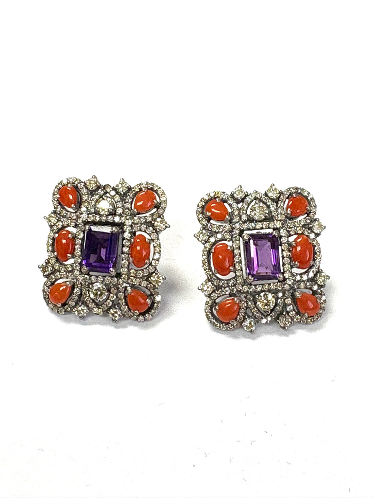 Amethyst Coral & Diamond Earrings