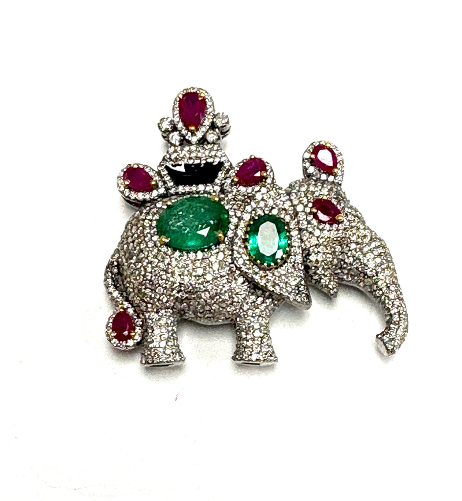 Diamond Ruby Emerald Elephant Brooch / Pendant